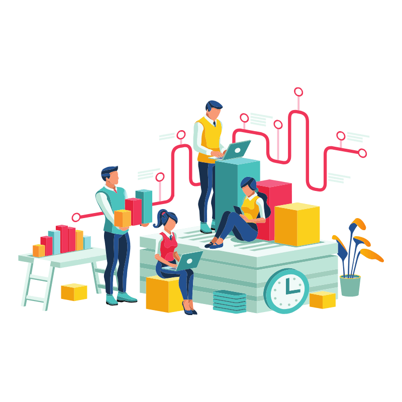 About Algoryne Technologies, a team of professionals working on laptops, surrounded by colorful data blocks, symbolizing comprehensive expertise across digital services.