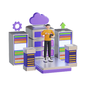 A person standing on a platform with servers and cloud symbols, representing Digital Finance and Corporate Reporting solutions.