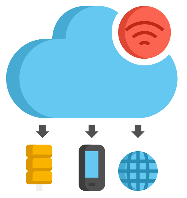 Cloud with arrows pointing to a stack of coins, a phone, and a globe, symbolizing Digital Optimization services that enhance technology investments.
