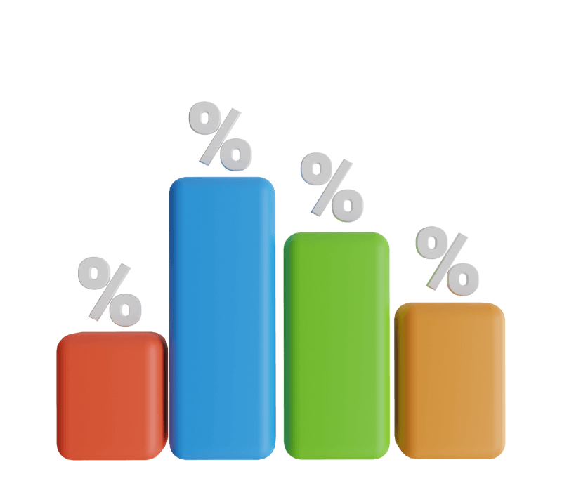 A 3D bar chart with red, blue, green, and orange bars topped with percentage signs—symbolizing Digital Finance and Corporate Reporting. This image represents how visual data tools help interpret financial metrics and performance trends in modern reporting.