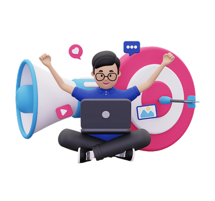 About Algoryne Technologies, a professional sits at a laptop with marketing symbols, representing our culture of innovating with purpose and building excellence.