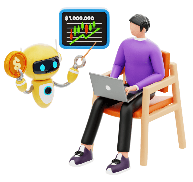 About Algoryne Technologies, a Texas-based company, illustrates a person working on a laptop with a robot holding a dollar sign, symbolizing financial growth and digital innovation.
