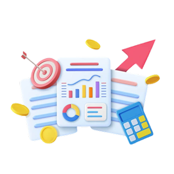 Financial documents with a calculator, target, and upward arrow, symbolizing Digital Finance and Corporate Reporting for strategic growth.