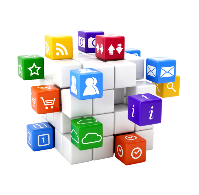 Colorful cubes with digital icons forming a 3D structure representing Digital Operations Optimization.