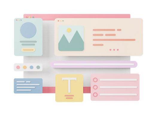UI/UX Design elements with text boxes, image placeholders, buttons, and menus in a colorful layout.