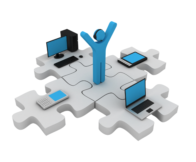 A blue figure stands on puzzle pieces surrounded by a computer, laptop, tablet, and calculator—symbolizing Advanced Digital Optimization. This image illustrates how integrated digital tools enhance operational efficiency and drive business growth through smart optimization strategies.