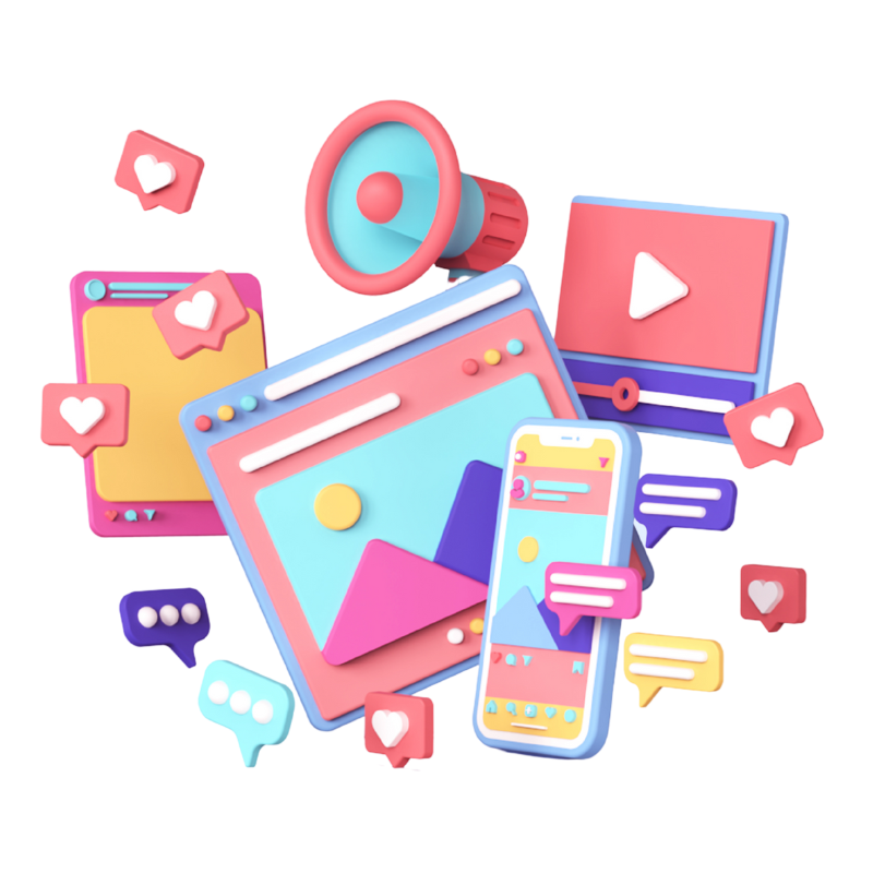 A 3D illustration of a smartphone, computer, tablet, and video icon with speech bubbles and hearts—symbolizing Advanced Digital Optimization. This image reflects how integrated digital tools and media interactions enhance operational efficiency and engagement.