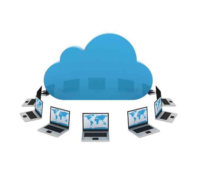 A central blue cloud icon is surrounded by eight laptops displaying world maps—symbolizing Advanced Digital Optimization. This image illustrates how cloud technologies enable global connectivity and streamlined digital operations for scalable business growth.