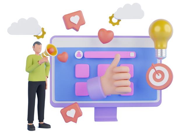 Content Marketing concept with person using megaphone, social media icons, and computer screen.