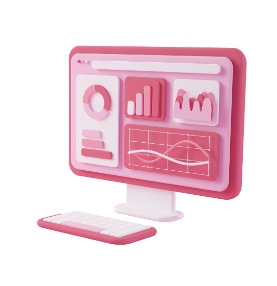 Digital Strategy dashboard with graphs and charts on a pink computer screen for marketing insights.