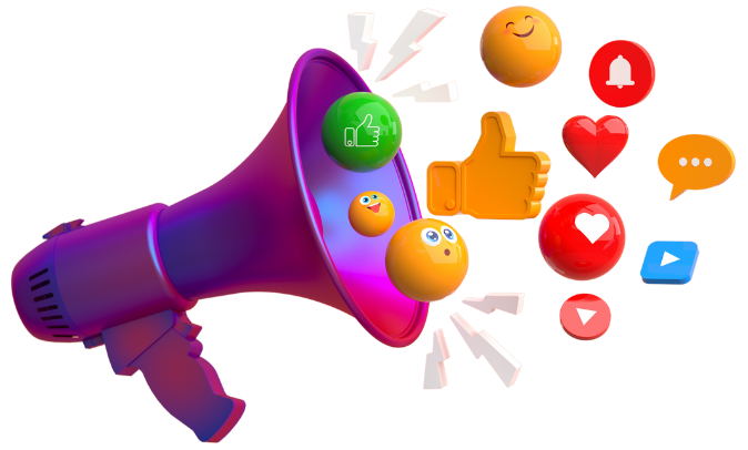 Digital Marketing Strategies shown with a megaphone emitting social media icons and emojis.