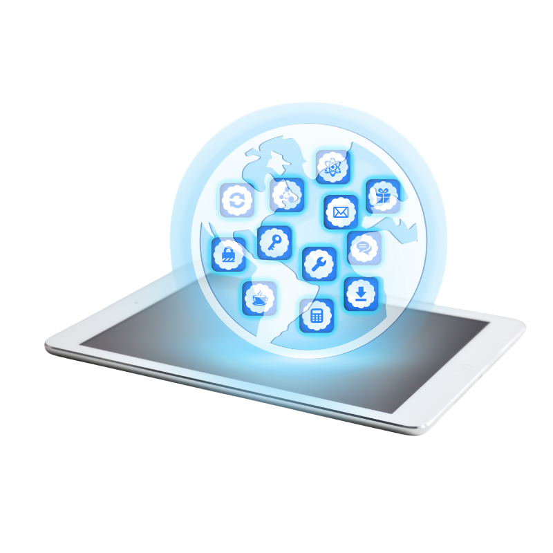 Tablet with floating icons representing digital governance and workflow optimization in a tech context.